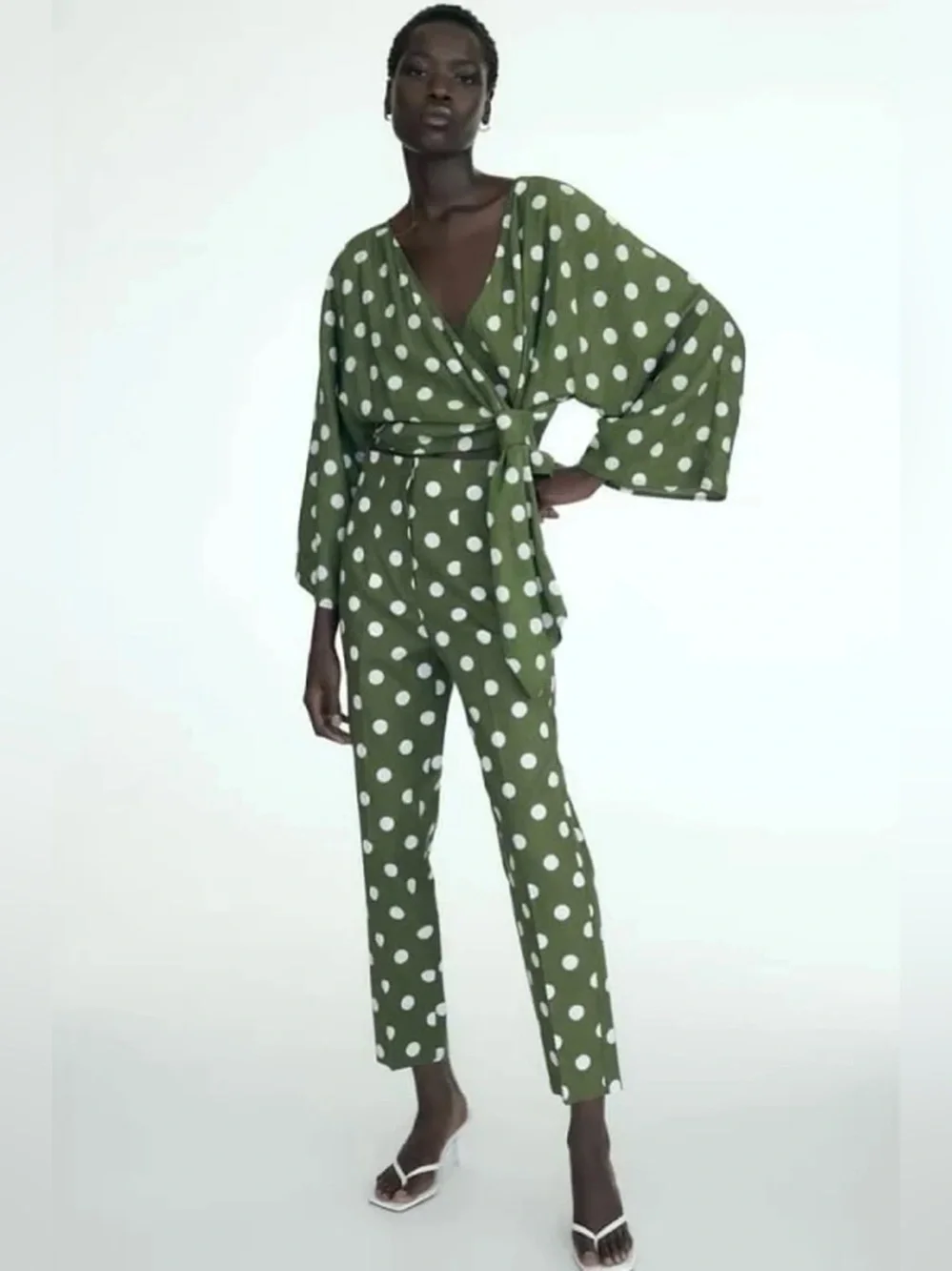 ZARA Set Green White Polka Dot Top & Bottoms Size Small